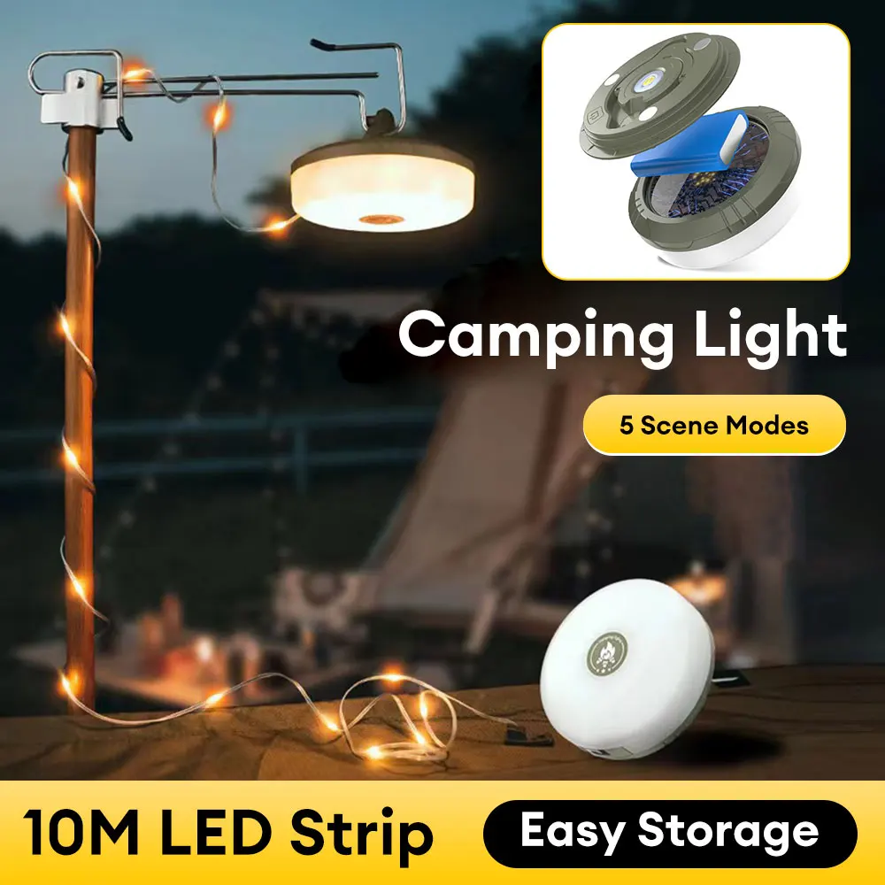 USB акумулаторна къмпинг светлина Външна палатка светлина XTE LED фенерче с магнитна кука 10 метра светлинна лента (топла светлина + RGB)