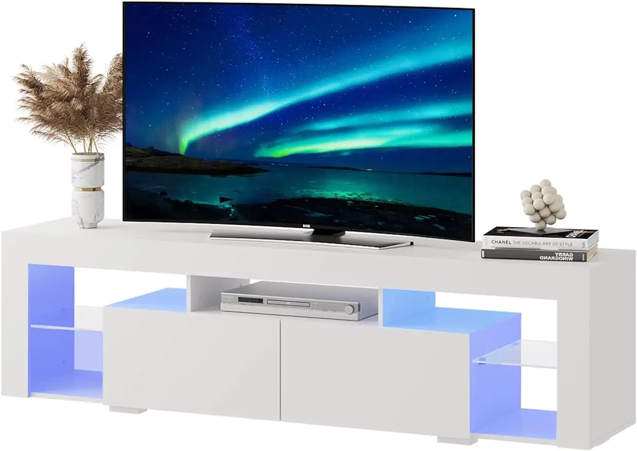 WLIVE LED TV стойка за 55/60/65/70 инчов телевизор, модерен развлекателен център с отворени рафтове, дървена телевизионна конзола с 2 чекмеджета за съхранение