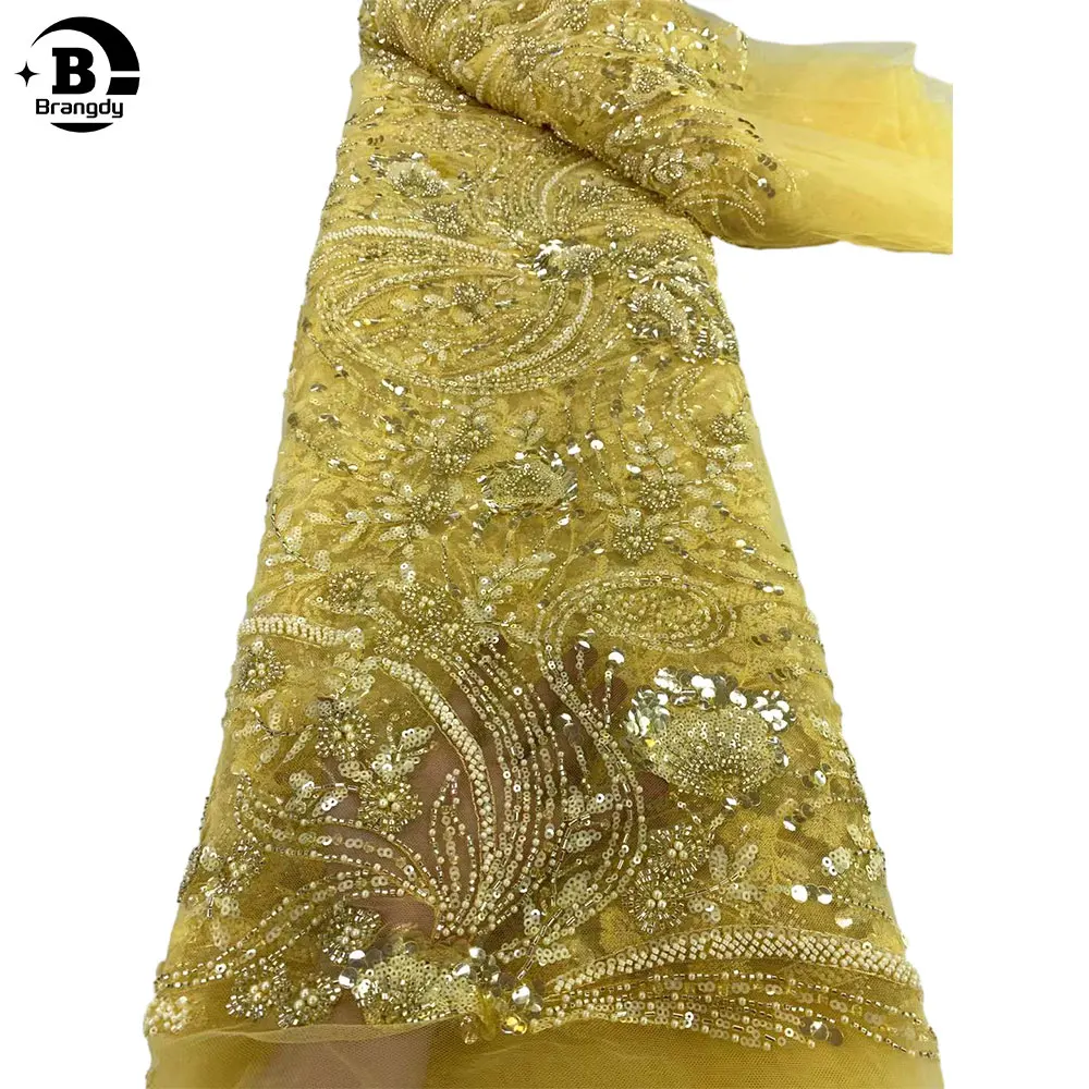 африкански пайети дантела плат 2023 Висококачествена бродерия Beaded нигерийски френски тюл дантела материал за сватбена рокля Z135031A