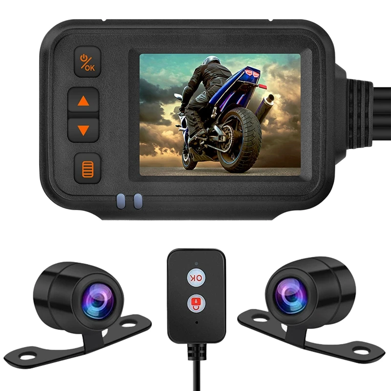 Мотоциклетна камера Dash Cam, 2Inch IPS екран 1080P + 720P Dual AHD Bike Dashcam G-Sensor Режим на паркиране Записващо устройство за шофиране Черно