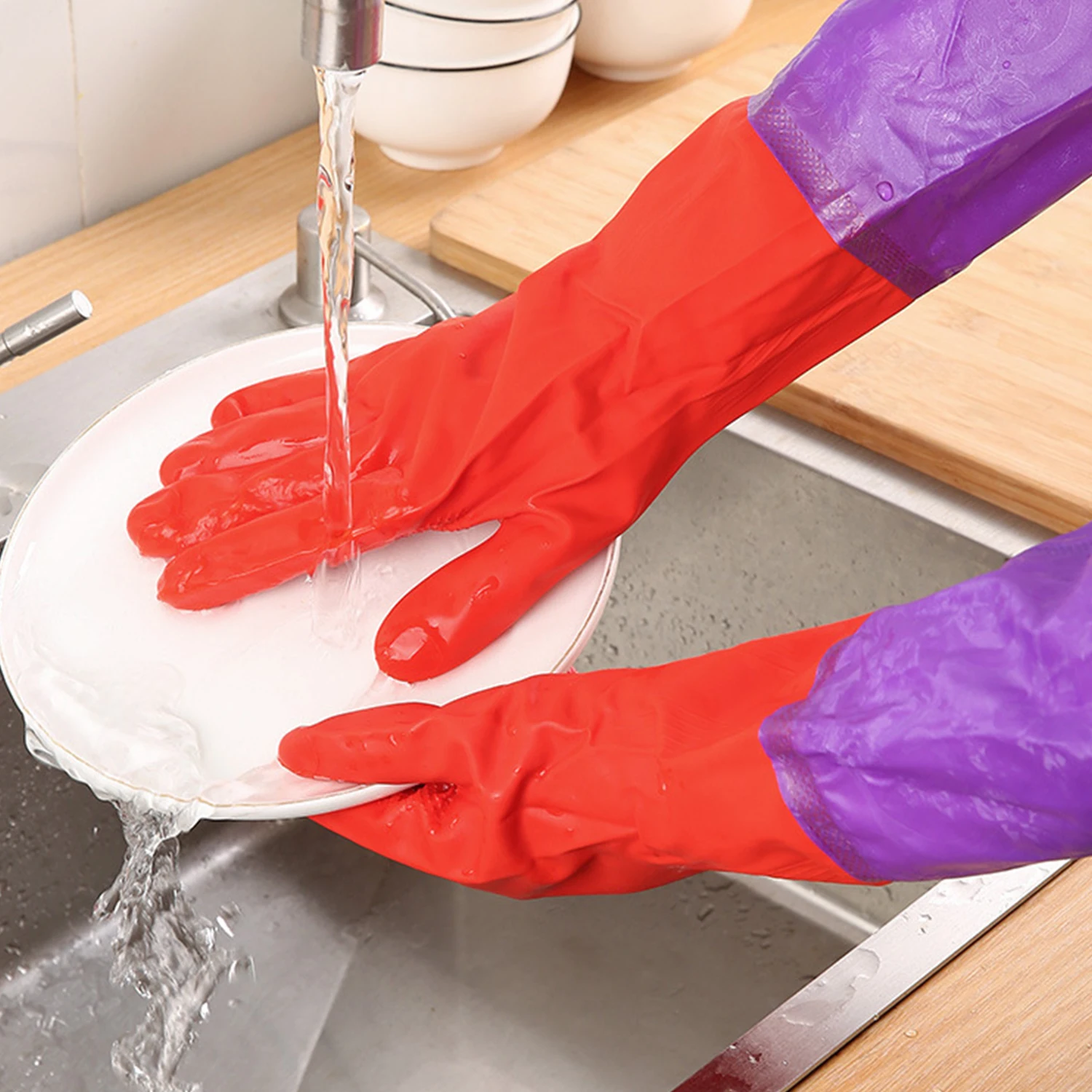 Ръкавици за миене на съдове Дамски пране каучук домакинство почистване кухня трайни водоустойчив латекс руно облицовани сгъстени