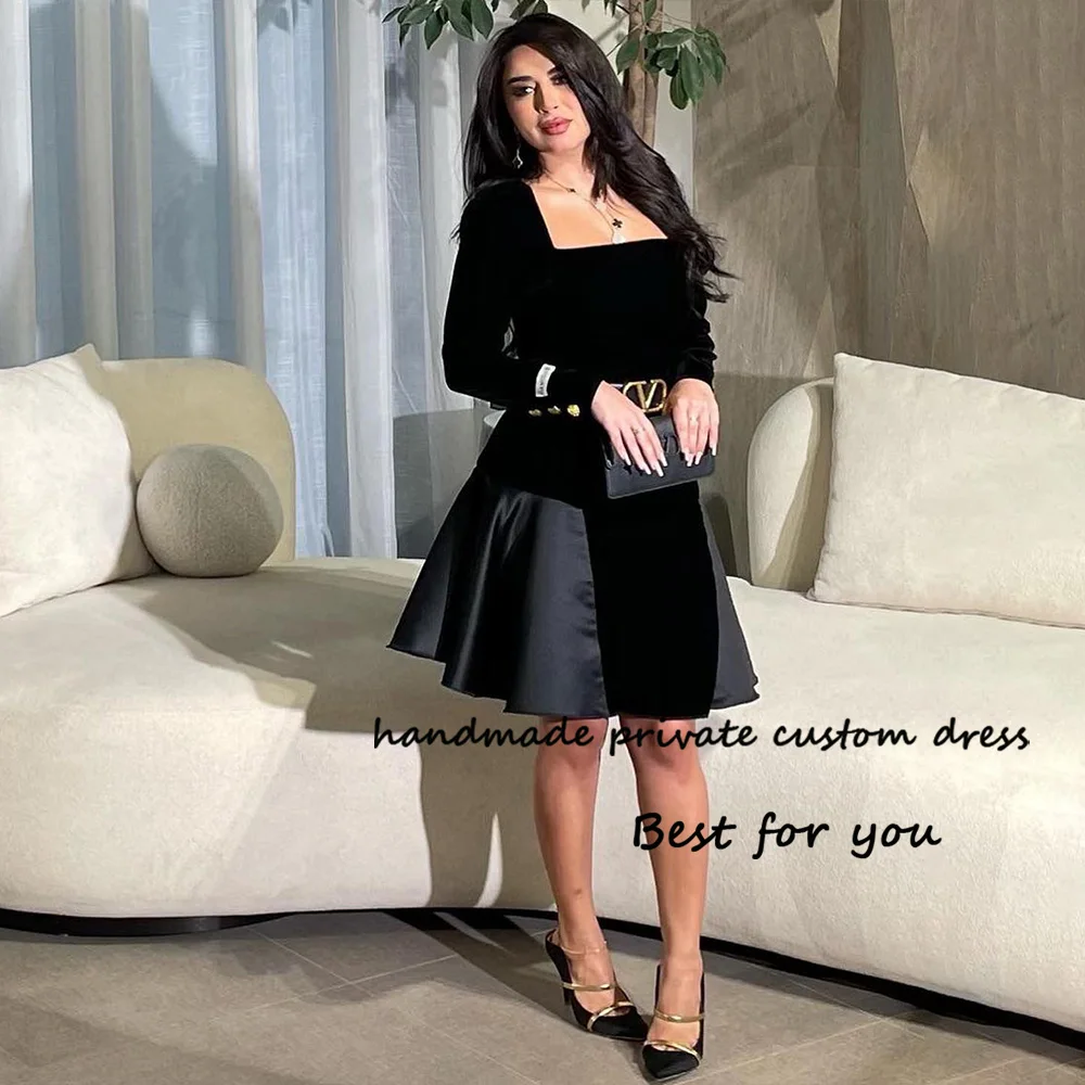 Черни къси вечерни рокли Дълъг ръкав квадратно деколте Арабски Дубай Официална абитуриентска рокля Дължина до коляното Вечерни парти рокли