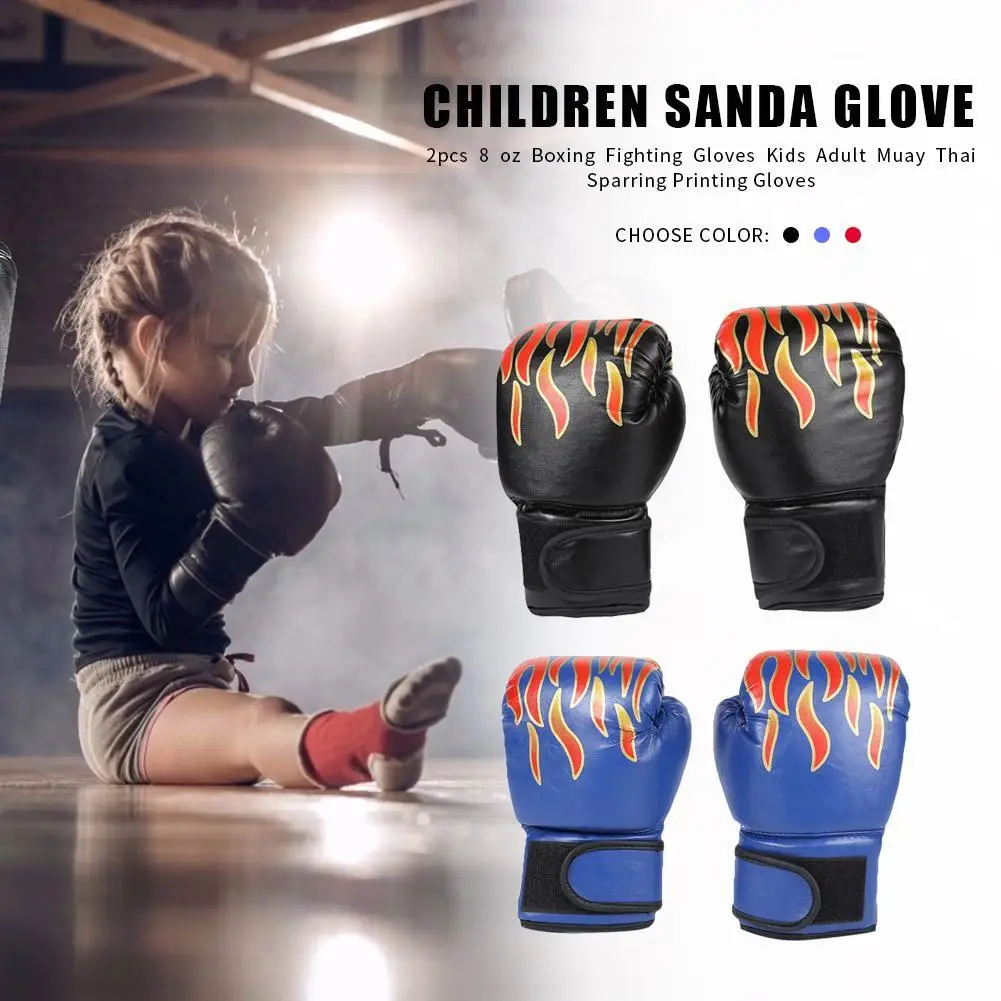 2pcs Муай Тай Състезание Ръкавица Пламък Отпечатани Гъба Бокс Тренировъчни ръкавици Професионални дишащи за деца Спортни консумативи