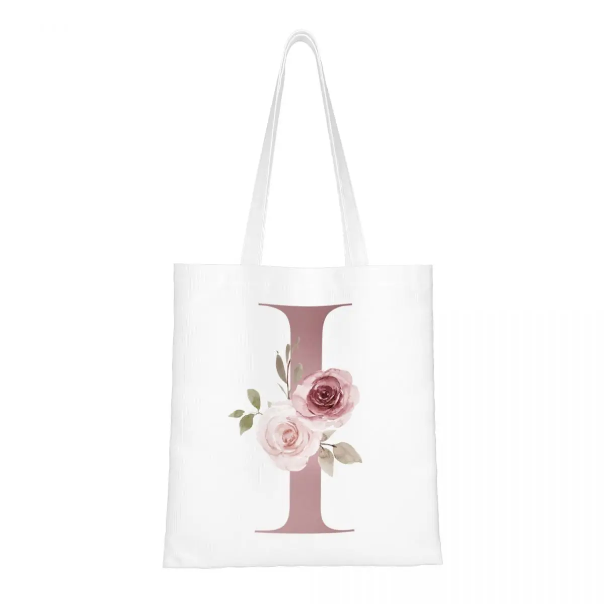 Буква I платно голяма пазарска чанта мода голям капацитет хранителни чанти за унисекс розови флорални азбука пътни чанти