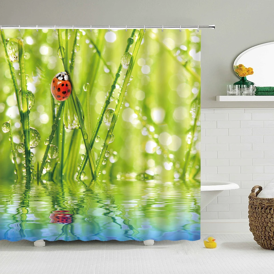  Висококачествено зелено растение отпечатани душ завеси Завеси за баня Продукти Декор за баня с куки Водоустойчив полиестерен плат