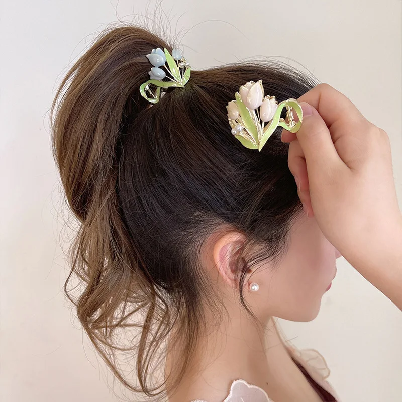 Дамска мода лалета цвете високо конска опашка клипове коса нокти шноли дами сладък елегантен малки дръжки за коса момичета шапки подарък