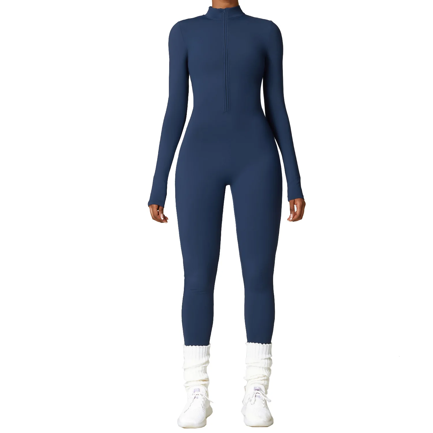Зимен плюшен еднокомпонентен йога костюм с дълги ръкави за топлина и външно носене, фитнес и спортен гащеризон за жени 8445