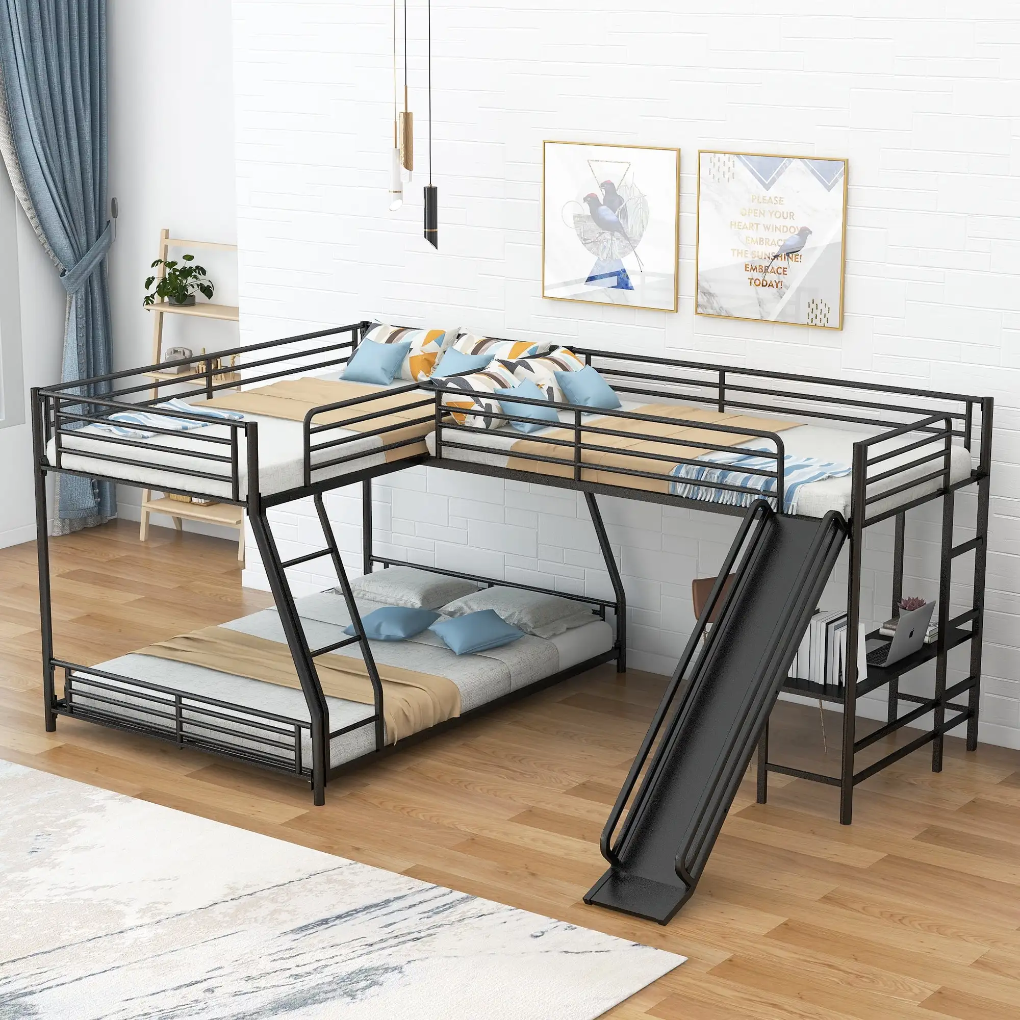 Метален L-образен близнак над пълно легло и таванско легло с бюро за деца, черно