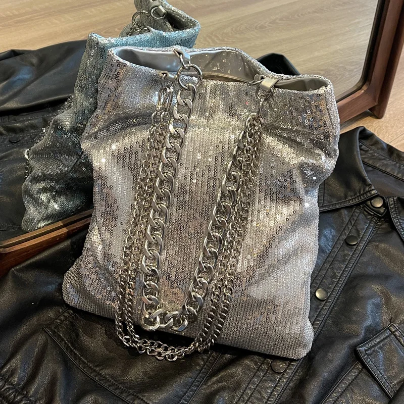 Мода пайети жените рамо чанта луксозен дизайн дами верига crossbody чанти голям капацитет женски пратеник чанта кофа чанти