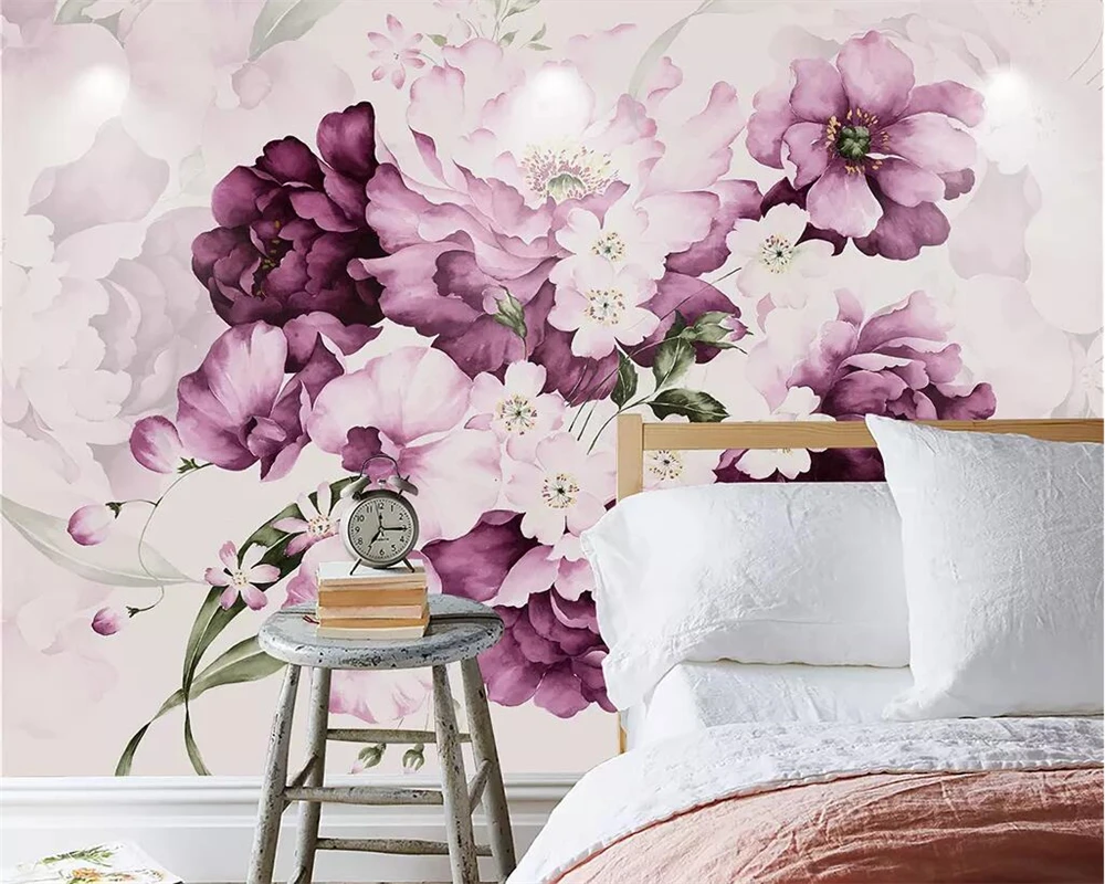 Персонализиран тапет лилав красив ръчно рисуван акварел цвете хол разтегателен диван фон стени 3d тапет