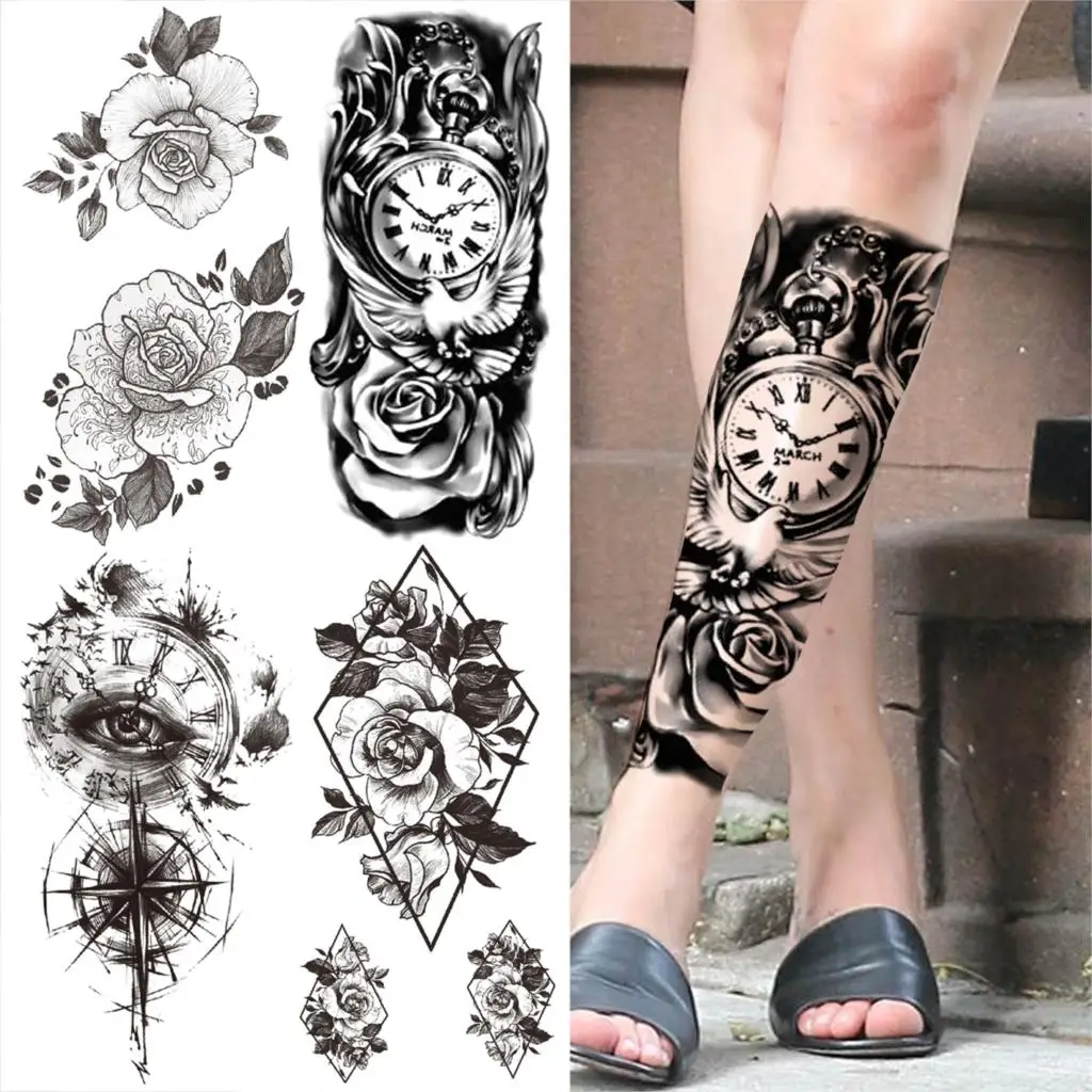 Черен компас роза временна татуировка за жени мъже възрастни цвете зло око фалшив татуировка стикер бедрото половин ръкав Tatoo козметични